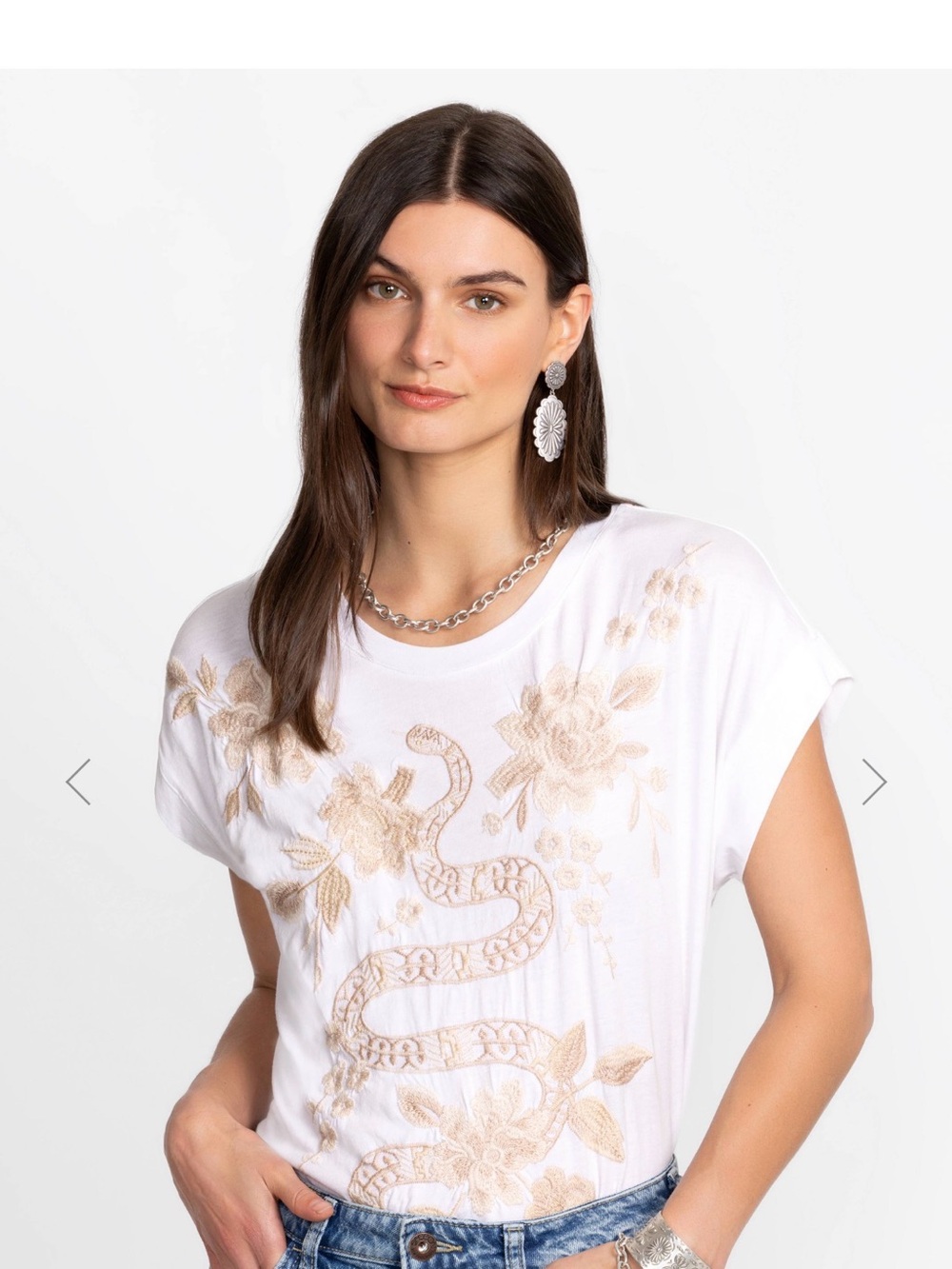 Johnny Was White Edie Tee with Beige Floral & Snake Embroidery
